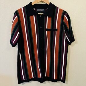 Sinransinya Men's Knit Button Up Retro 70s Groovy Vertical Stripe  Multi Size M